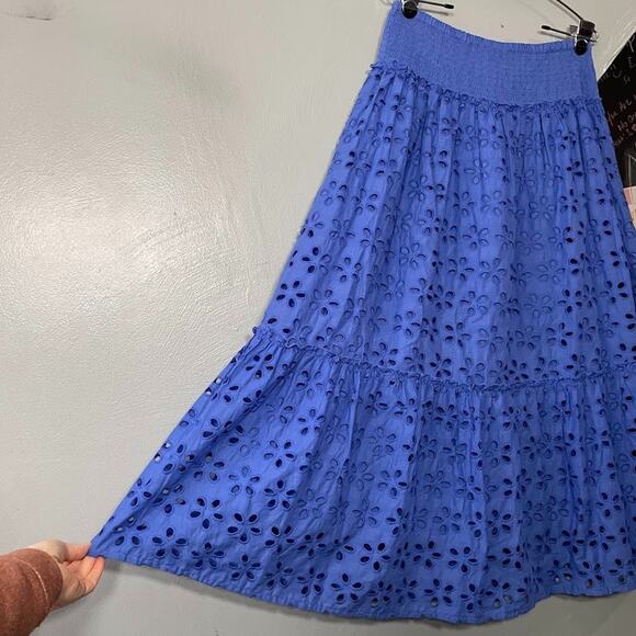 Jennifer & Grace Tiered Peasant Skirt Size Large Blue Boho Embroidered Eyelet - Picture 2 of 8
